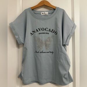 Korean Y2K Pastel Blue Ruched Graphic Tee Sequin Butterfly Cute Aesthetic NWOT